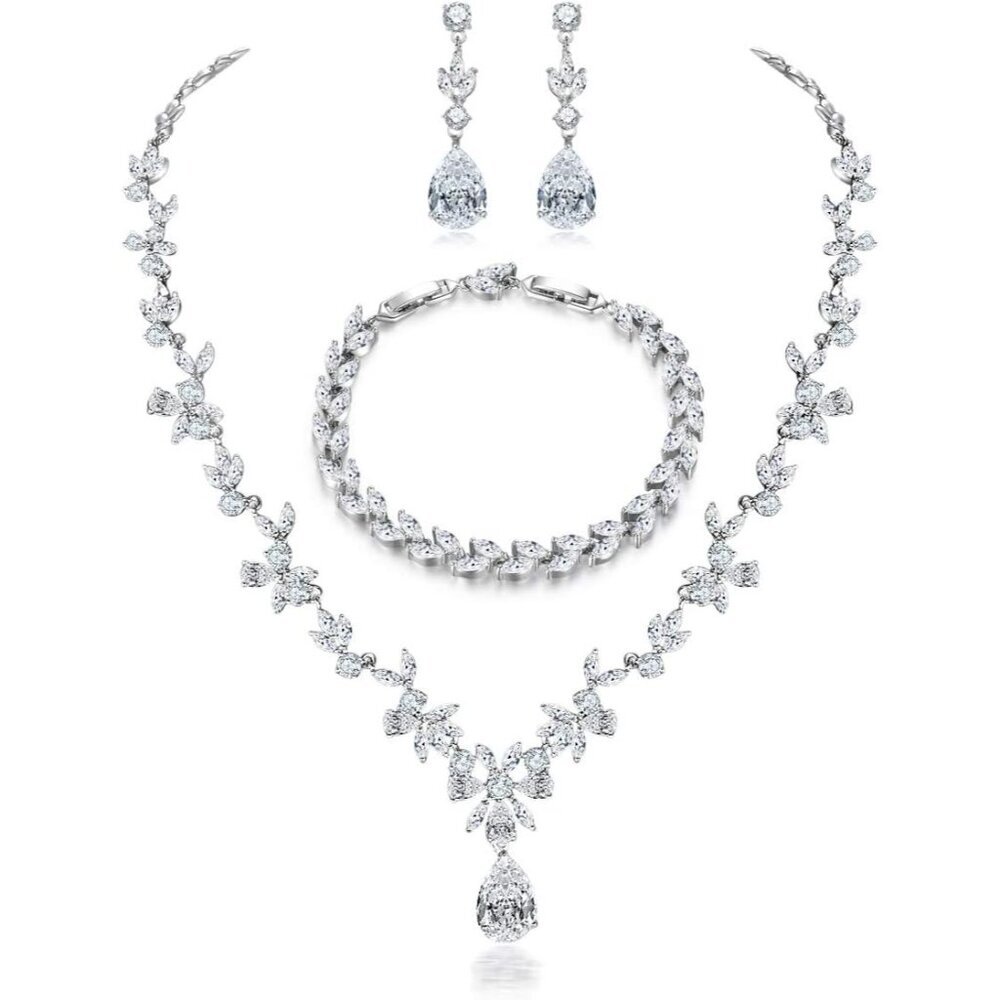 Bridal Jewelry Sets for Women, White Cubic Zirconia Leaf Wedding Party Necklace